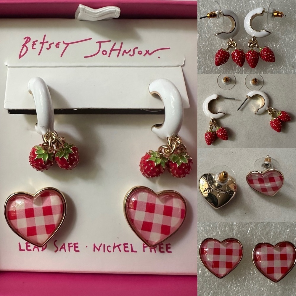 🍓RARE COLLECTIBLE Betsey Johnson Strawberry Gingham Heart EarringsNIB Gift Ready